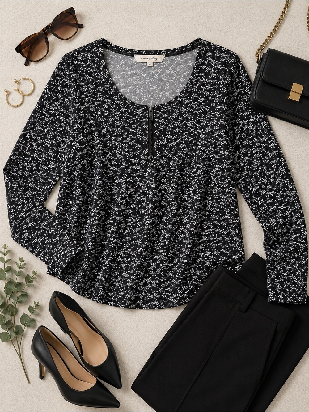 In Every Story Size 1X Black & White 1/4 Zip Long Sleeve Top|Chic Casual Blouse